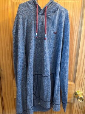 Blue Herringbone Pullover Hoodie with Maroon Drawstrings